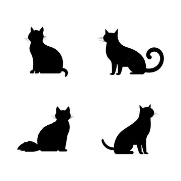 Black silhouette of a cat. Puss or cat silhouette set. Cat in different positions. Feline care. Pet concept. Vector icon