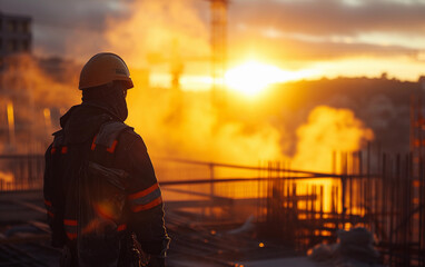 Naklejka premium Man in Hard Hat Standing in Front of Factory