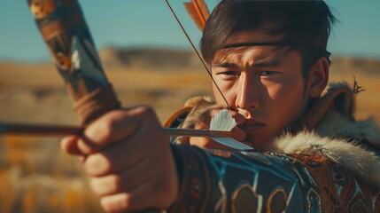Young Mongolian man in traditional clothing shoots an arrow. - obrazy, fototapety, plakaty
