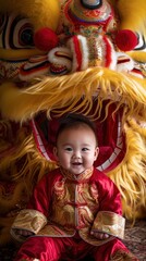 An 8-month-old Chinese child is dressed in a red and gold outfit.