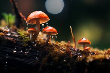 mushroom in the forest with moisture drops