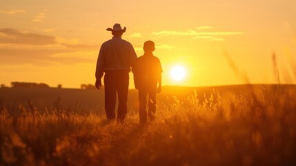 Fototapeta premium An old farmer walks into the sunset with his son.