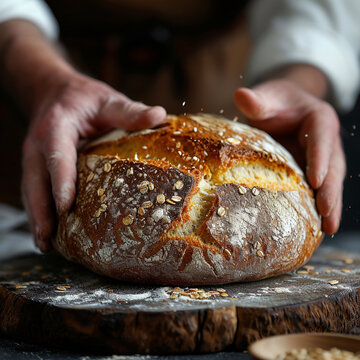 Bread with a crispy crust, freshly baked, in the hands of a man.