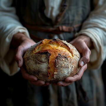 Bread with a crispy crust, freshly baked, in the hands of a man.