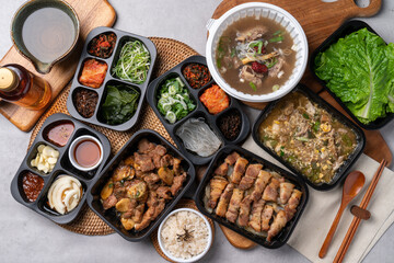 Korean food, pork belly, grilled, galbi, seasoning, galbitang, side dishes,