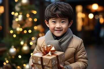 Fototapeta na wymiar closeup happy asian child with a christmas gift