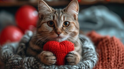A red knitted heart in the paws of a cat. A postcard with a gray and black fluffy cat