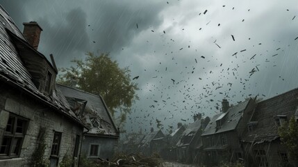 Strong wind rips off the roofs of houses in the village and garbage fly through the air - obrazy, fototapety, plakaty
