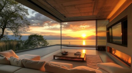 Terrace in the house and a balcony with the view of the sunset over the lake