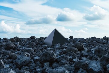 A pyramid in the middle of a pile of rocks.