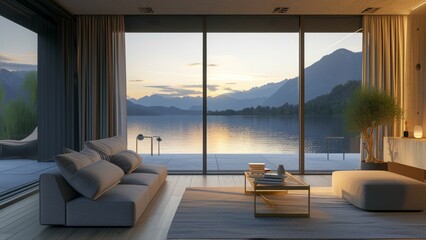 Living-room overlooking the lake in the evening and the mountains