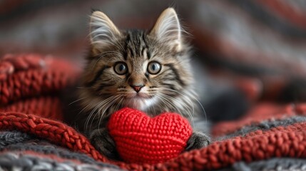 Naklejka premium A red knitted heart in the paws of a cat. A postcard with a gray and black fluffy cat
