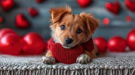 Cute lover Valentine puppy dog lying with a red heart, isolated on blue background