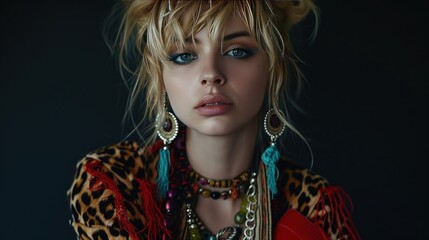 Fototapeta premium Blonde woman, funny, red leopard jacket Beads of different colors and shapes, green, blue, red, big ears, many earrings, ring hair, black background, eyes with blue eyeliner.