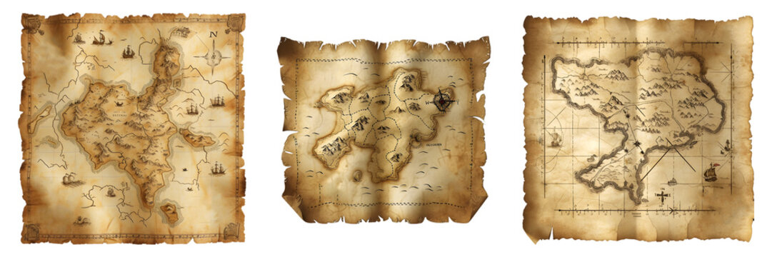 Set of Vintage Pirate Treasure Maps Isolated on Transparent Background