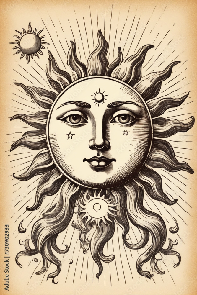 Wall mural Sun with face, astrology engraving style. Hand drawn vintage, sketch vintage illustration