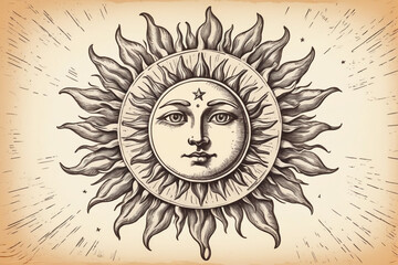 Sun with face, astrology engraving style. Hand drawn vintage, sketch vintage illustration