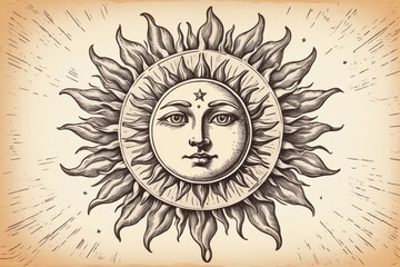Fototapeta premium Sun with face, astrology engraving style. Hand drawn vintage, sketch vintage illustration