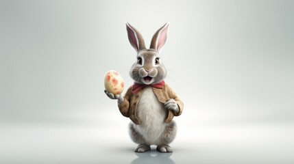 Obraz premium Easter bunny holds an egg on a white background