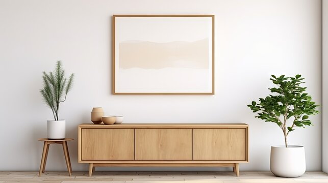 Contemporary Scandi room with wooden console, poster frame, and plants. Interior design composition.
