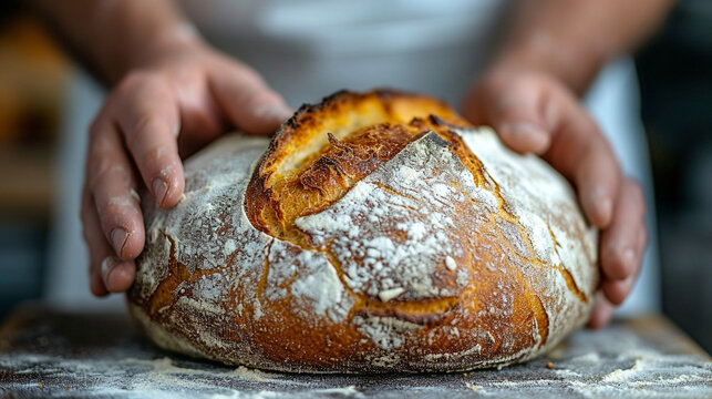 Bread with a crispy crust, freshly baked, in the hands of a man.