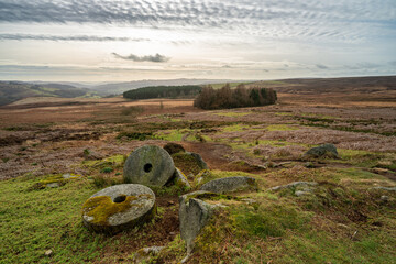 Stanage Edge millstones in the Derbyshire Peak District during winter.