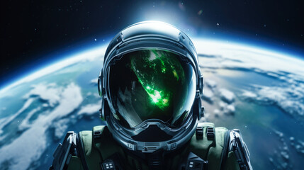 Planet earth in light green and black, seen from astronaut helmet visor, space perspective