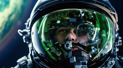 Astronaut helmet with light green and black earth map reflection, cosmic view of our planet