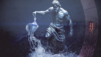 Abstrakte Wassermann-Skulptur mit Wassermann-Symbol vor blauem Hintergrund. Illustration