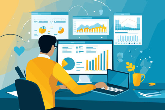 Financial Forecasting and Investment Strategy, Businessman Analyzing Financial Data, Vector Illustration.