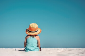 Unrecognizable girl in hat sitting on sandy beach - obrazy, fototapety, plakaty