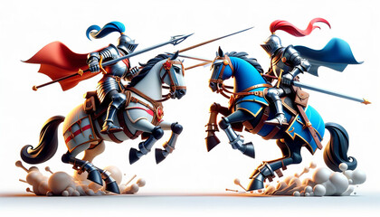 3D cartoon battle of knights on horseback. Duel of realistic-cartoon medieval warriors - obrazy, fototapety, plakaty