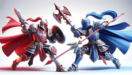 3D cartoon battle of knights. Duel of realistic and cartoon medieval warriors