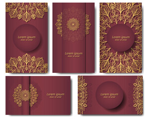Five gorgeous rectangular backgrounds featuring a circular golden mandala. Ethnic openwork ornament on burgundy background. 