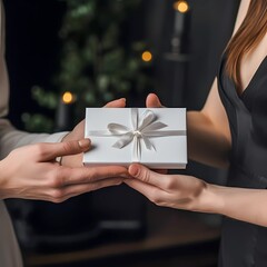 person presenting a white gift box, closeup hands scene 