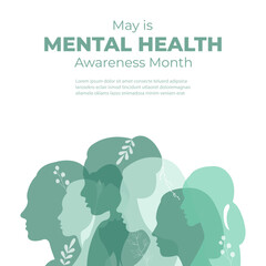 Mental health banner.Flat vector illustration with silhouettes of people and space for text.