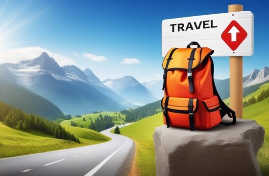 Travel. Map, tourist backpack and road sign. icon