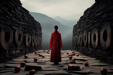 Fototapeten priestess dressed in red before some ruins of a civilization © Beatriz