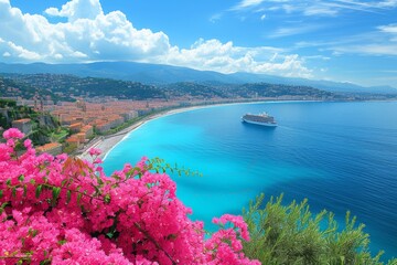 panoramic  Mediterranean sea with cruise ship and pink Bougainvillea bloom, travel concept - obrazy, fototapety, plakaty