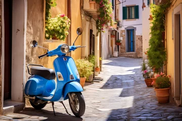 Photo sur Aluminium Scooter Blue scooter parked in the narrow cobblestone street of a charming small Italian town, surrounded by colorful buildings and quaint architecture