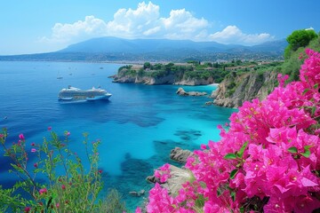 panoramic  Mediterranean sea with cruise ship and pink Bougainvillea flower, travel concept