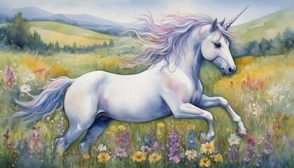 Watercolor Painting: Whimsical Unicorn Prancing through a Field of Wildflowers