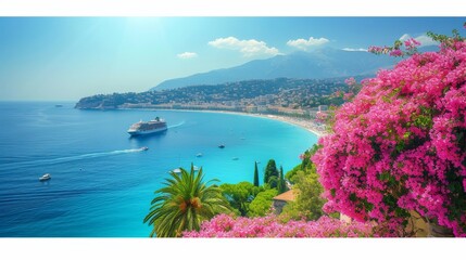 panoramic Mediterranean sea with cruise ship and pink Bougainvillea flowers frame, travel concept. - obrazy, fototapety, plakaty