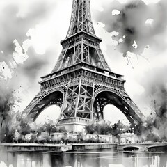 Watercolor Painting: Paris Torre Eifiel Black and White
