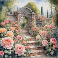 Fototapeta na wymiar Watercolor Painting: Portraying the Intricate Details of a Blooming Garden Filled with Roses