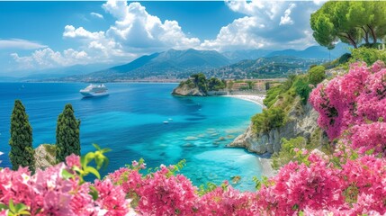 panoramic Mediterranean sea with cruise ship, cloudy blue sky and pink Bougainvillea flowers frame, travel concept - obrazy, fototapety, plakaty