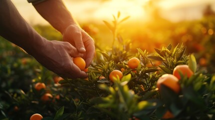 Close-up of hands tending an orange field in the sunset light.