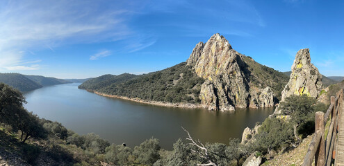 Panoramic view of the famous Gipsy Falls, Monfrague natural park, Spain