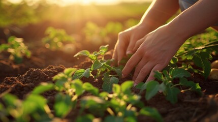 Close-up of hands tending potato field in sunset light