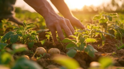 Close-up of hands tending potato field in sunset light